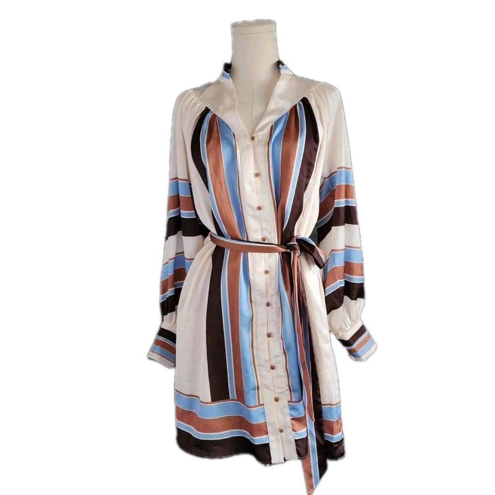 CIEBON Satin belted mini shirt dress Size XS Long Bishop Puff Sleeves Button Up - Picture 2 of 9